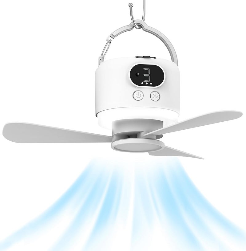 geonfi Camping Fan 10400mAh Battery Operated, USB Rechargeable Tent Fan with Remote Control,3 Detachable Blades, LED Light, 3 Speeds, Timer, Portable Ceiling Fan for Camping(White) - Image 1